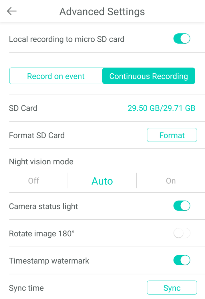 WyzeCamV2 AdvancedSetting